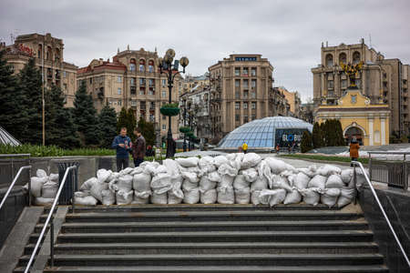 KYIV, UKRAINE - APR 20, 2022: Barricades of sandbags block the underpasses Independence Square in the event of an attack by enemy Russian troops.のeditorial素材