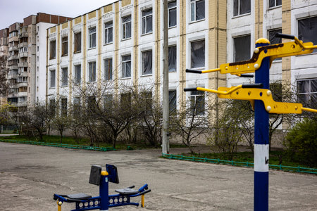 KYIV, UKRAINE - APR 21, 2022: All the windows of the high school on Poznyaky were blown out by the blast wave, its by the Kalibr cruise missile at the 17 March of the full-scale Ru invasion of Ukraineのeditorial素材
