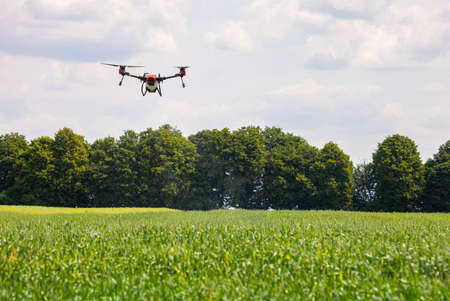A modern solution in agricultural. Use of robotic systems with agriculture spraying drone fly to...