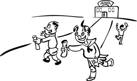 End of the school year. The students ran out of school. They are happy because they have started their vacationのイラスト素材