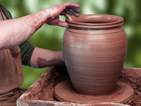 Hands of a Potter making a large vessel on the pottery wheel on green background.の写真素材