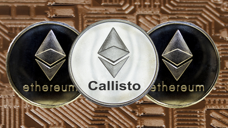 Ethereum and Callisto coins on golden circuit background. Cryptocurrency ETH CLO.