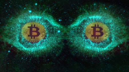 Big eyes Coins of bitcoin in space. Observation, experiment from the outside. Alien concept.