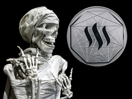 The skeleton model of the man and coin Steem.