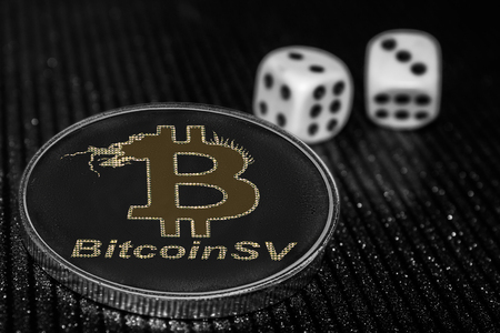 Coin cryptocurrency Bitcoin SV and rolling dice. BSV Statoshi Vision.の写真素材