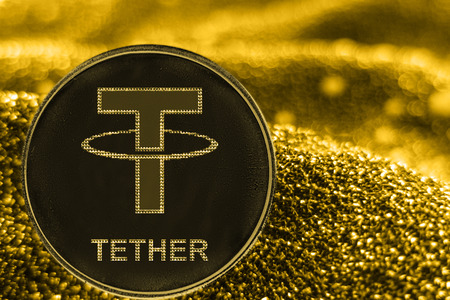 Coin cryptocurrency Tether and gold fabric background. token USDT.の写真素材