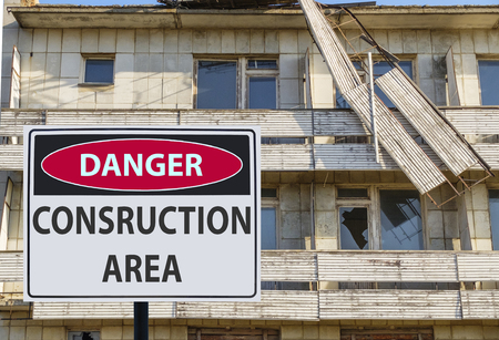 the sign constucion area and the destruction of the buildingの写真素材