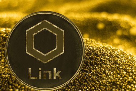 Coin cryptocurrency Link and gold fabric background. Chailink logo.の写真素材