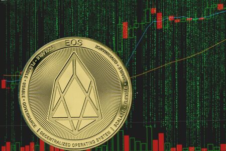 Coin eos cryptocurrency on the background of binary crypto matrix text and price chart.の写真素材