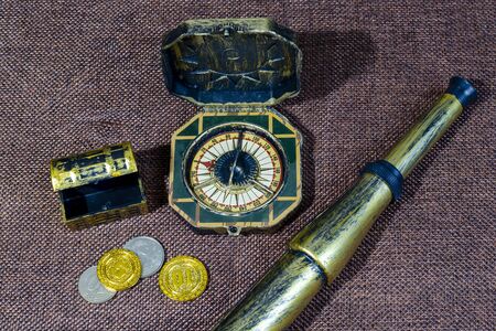 pirate treasure chest, old mars compass and spyglass