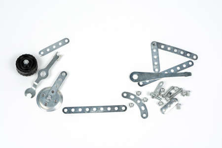 various details of children's metal constructor on a white background