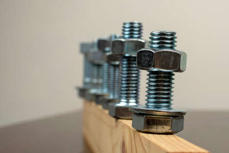 a row of metal bolts and nuts on a wooden block. blur background