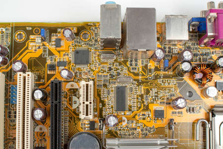 personal computer motherboard top view on white background