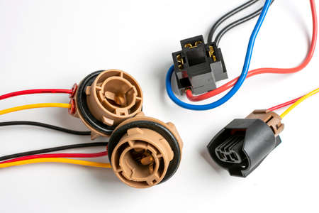 bundle of wires with connector close-up on white background