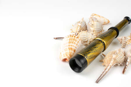 seashells and traveler items on white backgroundの写真素材