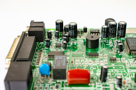 Close-up of a circuit board with microcircuits from an electrical appliance or computer. Concept of modern technology. Concept of electronics and microcircuits. Capacitors and resistors on greenの写真素材