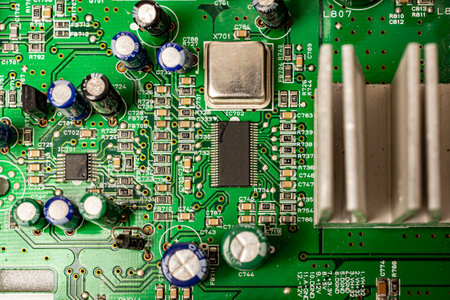 Close-up of a circuit board with microcircuits from an electrical appliance or computer. Concept of...