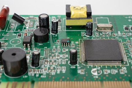 Electronic board with radio components, connectors, slots and processor chip from an electronic...