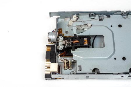 Electronic board with radio components, connectors, slots and processor chip from electronic CD reader, close-upの写真素材