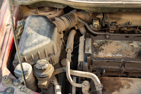 Top view of the dirty engine of an old car in need of repair. Car engine maintenance. Selective focus. Close-up, Car engine conditionsの写真素材
