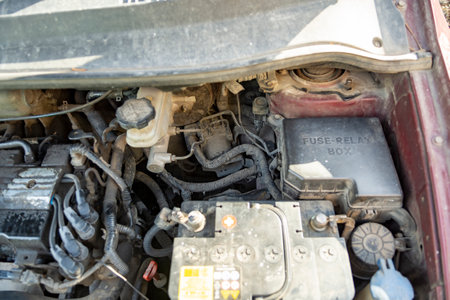 Top view of the dirty engine of an old car in need of repair. Car engine maintenance. Selective...