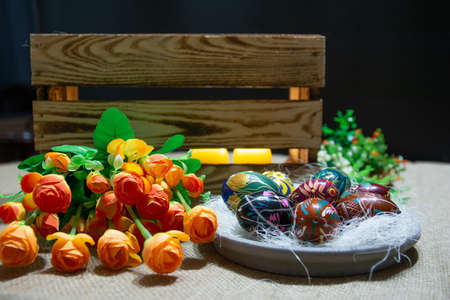 The tradition of coloring eggs in Polandの写真素材