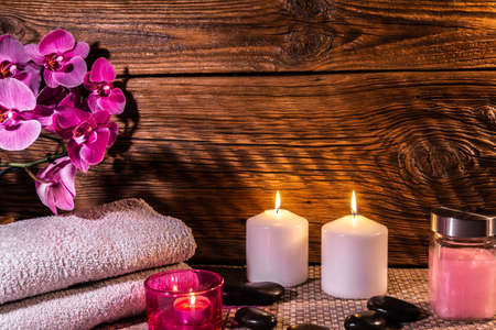 Spa, zen basalt stones, towels, candles in the massage room.の写真素材