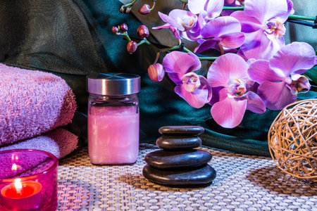 Spa, zen basalt stones, towels, candles in the massage room.の写真素材