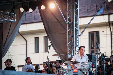 Yessentuki, Stavropol Territory / Russia - August 12, 2017: drumfest drummers festival.musician on stage playing drumsticks on drums Outdoorsのeditorial素材