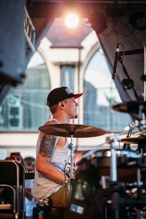 Yessentuki, Stavropol Territory / Russia - August 12, 2017: drumfest drummers festival. musician on stage playing drumsticks on drums Outdoorsのeditorial素材