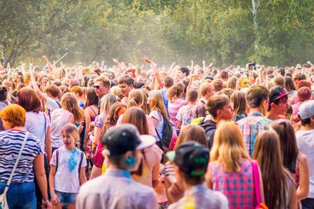 Kemerovo, Russia, June 24, 2018: A crowd of young people having fun at the Holi festival of colorsのeditorial素材