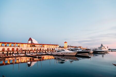 SOCHI, RUSSIA - June 5, 2018: Seaport with luxury yachts in Black sea at sunsetのeditorial素材