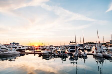 SOCHI, RUSSIA - June 5, 2018: luxury view -  yachts in sea at sunsetのeditorial素材