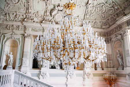 Saint Petersburg, Russia, 18.04.2019, exquisite chandelier and plaster moldings on main staircase of Yusupov Palace.のeditorial素材