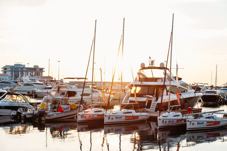 SOCHI, RUSSIA - June 5, 2018: Sailing Yachts And Private Boats Moored At Pier In Sochi Seaport at sunset. Grand Marina Station Complexのeditorial素材