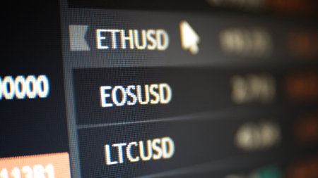 Close up of market traders screen cryptocurrency and indexes.の写真素材