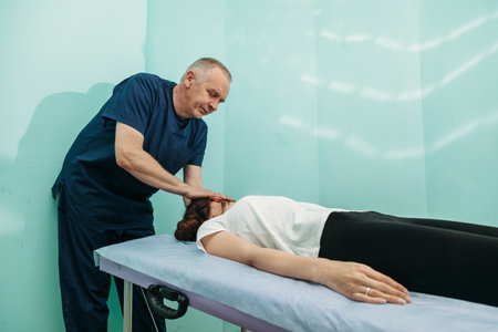 young woman getting professional neck treatment at physiotherapistの写真素材
