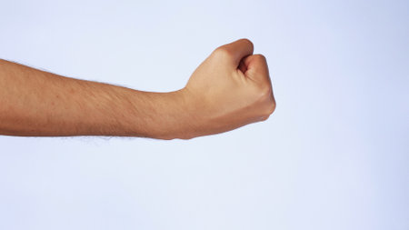 Male fist. gesture threatens and aggression on isolated white background.の写真素材