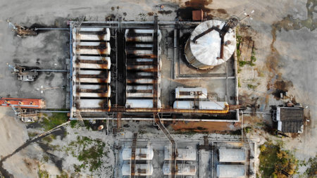 Aerial top down 4k view of a mini refinery oil processing.の写真素材