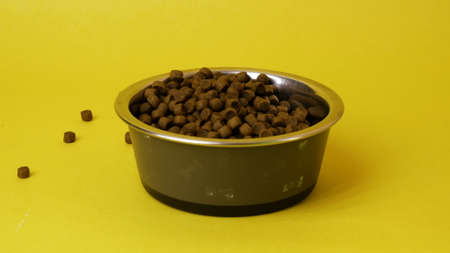 isolated on yellow background of dry pet food or kibble being poured into an empty dish, bowl.