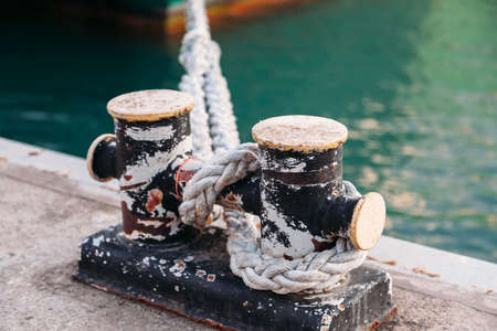 The mooring ropes at the port closeup.の写真素材