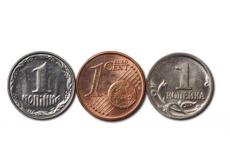 3 cheapest coins (ukrainian, euro cent, russian)の写真素材