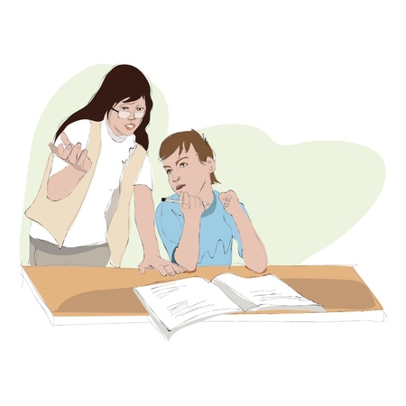 The teacher helps the student to perform the job in schoolのイラスト素材