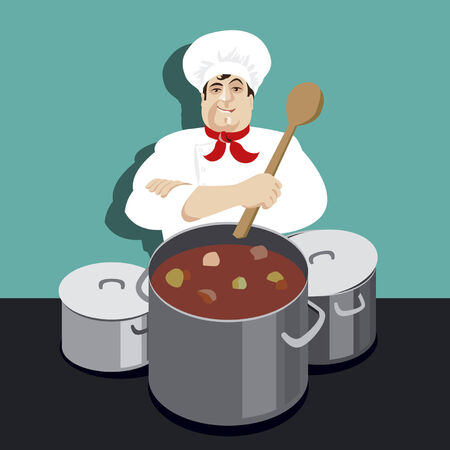illustration, chef prepares hot soup in the panのイラスト素材