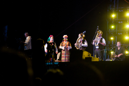 CHISINAU, MOLDOVA- SEPTEMBER 7, 2017: Traditional concert of Balkanian folk music. Performers in the national Balkan clothing. Concert in the open air.のeditorial素材