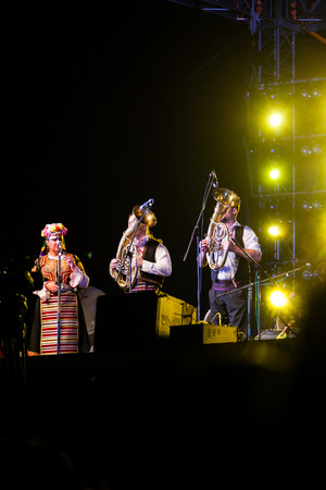 CHISINAU, MOLDOVA- SEPTEMBER 7, 2017: Traditional concert of Balkanian folk music. Performers in the national Balkan clothing. Concert in the open air.のeditorial素材