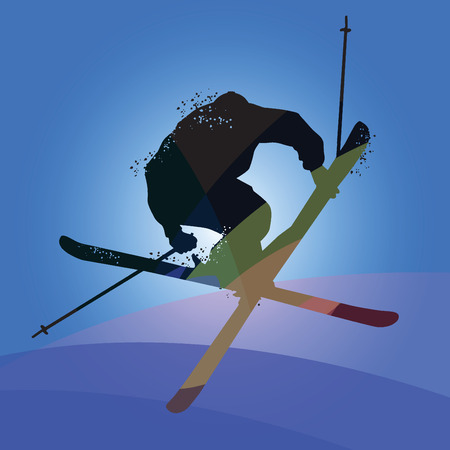 Silhouette of Freestyle skiing. Isolated on blue background. Vector illustrationsのイラスト素材