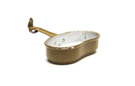Soviet Army opened cooking pot isolated on white backgroundの写真素材