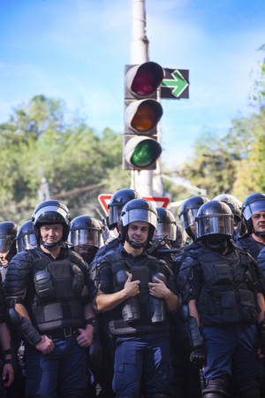 CHISINAU, MOLDOVA - September 26, 2018: Police in full uniform during the protests on the streets of Chisinauのeditorial素材