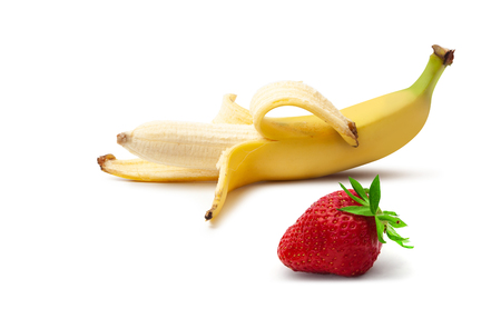 Half peeled Banana, Open Banana and strawberrie isolated on a white backgroundの写真素材